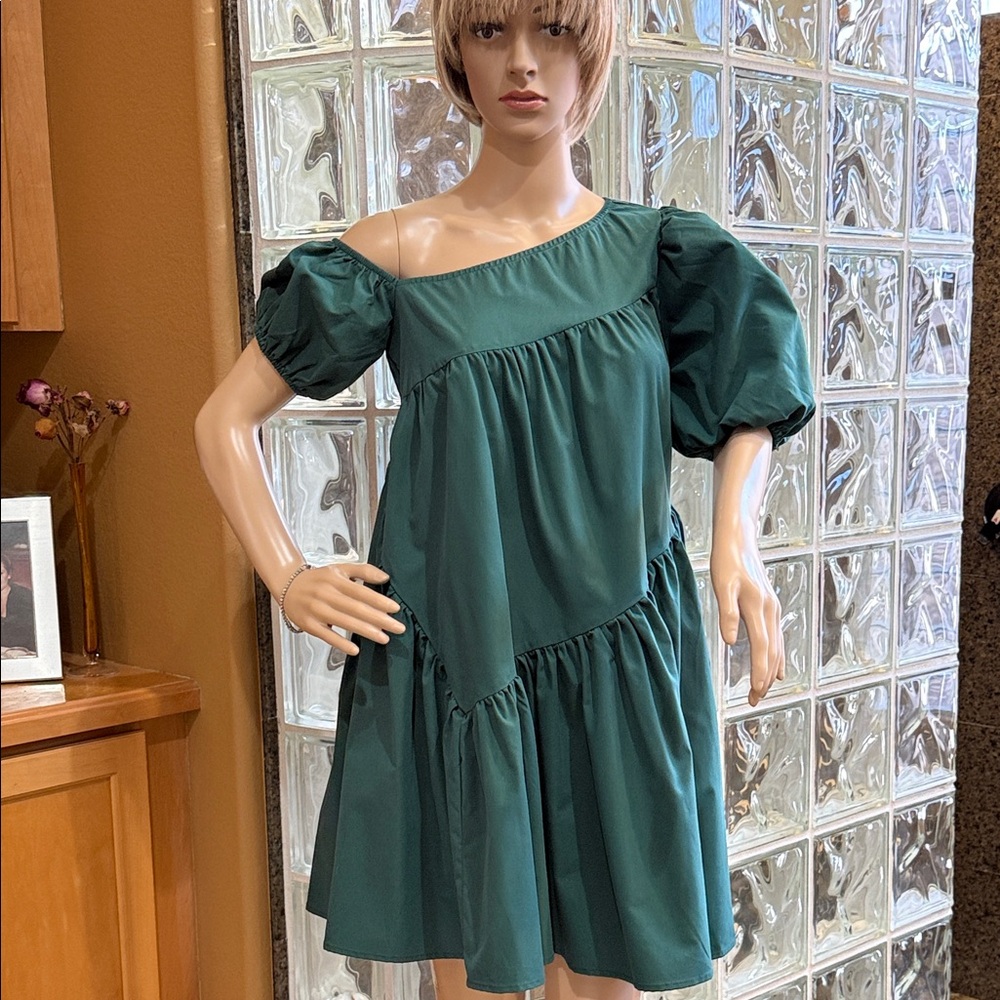 SHEIN Prive Asymmetrical Neck Puff Sleeve Ruffle Hem Smock Dress XS (2)